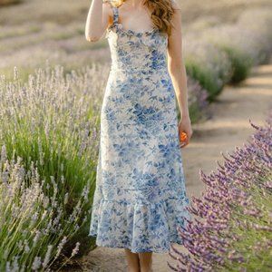 Llacie Blue & White Toile Midi Dress Size Large